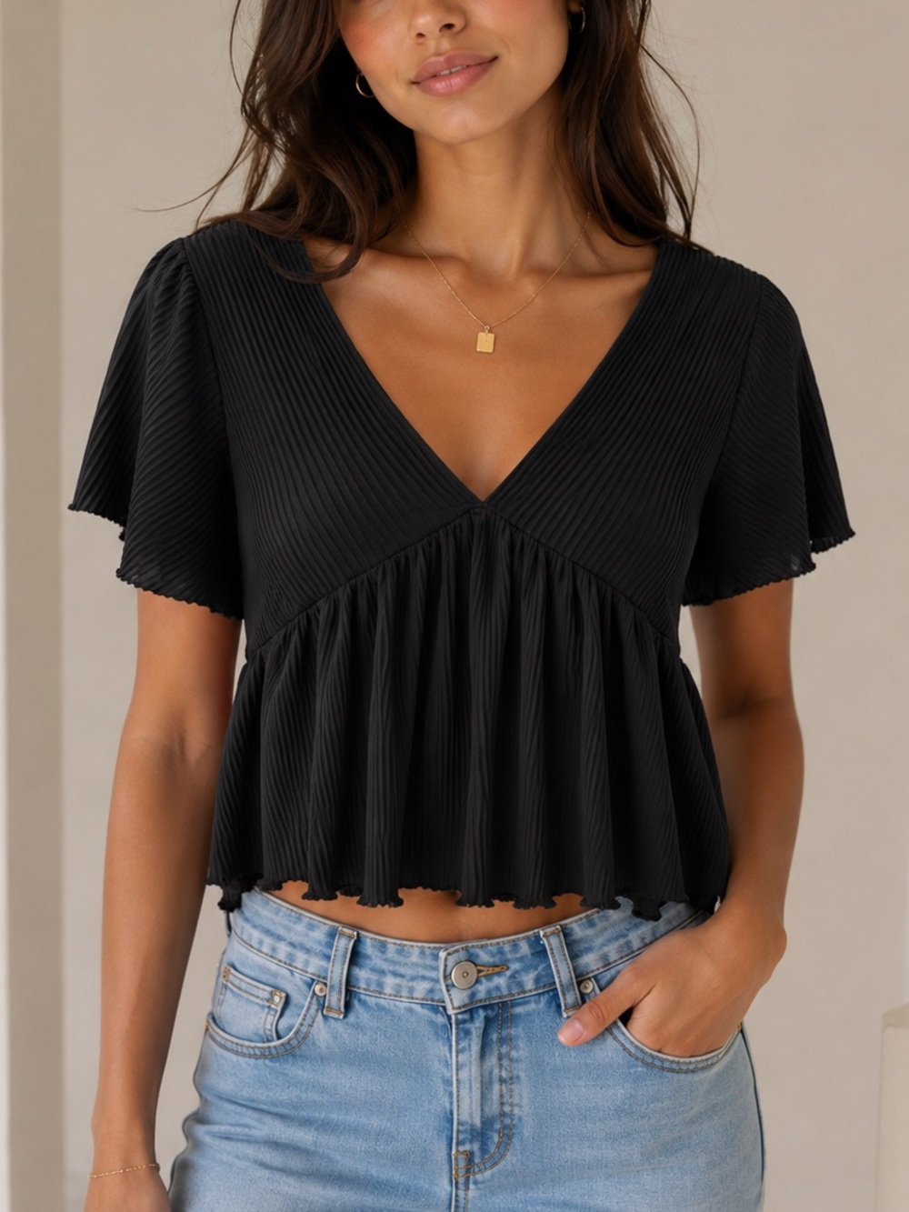 SHEIN Black Pleated V-Neck Top